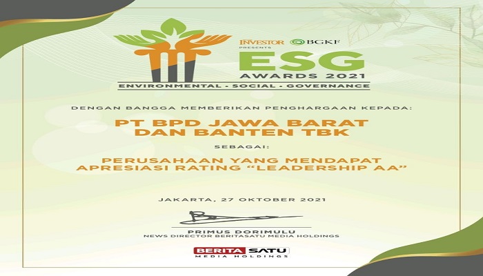 PT Bank Pembangunan Daerah Jawa Barat dan Banten Tbk (bank bjb) kembali berhasil menorehkan prestasinya. Belum lama ini, bank bjb meraih predikat sebagai perusahaan yang mendapat rating Leadership AA dalam Environment, Social & Governance (ESG) Disclosure Awards 2021.