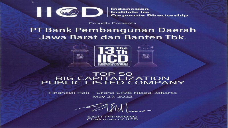 bank bjb meraih penghargaan Top Top 50 Emiten dengan Kapitalisasi Pasar Terbesar (Big Cap PLCs) dengan Praktek Tata Kelola Perusahaan Terbaik dalam ajang 13th IICD Governance Award. Penghargaan diberikan oleh Indonesian Institute for Corporate Directorship (IICD) bekerja sama dengan Berita Satu yang berlangsung pada Jumat, 27 Mei 2022 di Jakarta. Adapun penilainnya berdasarkan kapitalisasi pasar terbesar dengan menggunakan metode penilaian ASEAN CG Scorecard. Pemimpin Divisi Corporate Secretary bank bjb, Widi Hartoto mengatakan, penghargaan tersebut merupakan bukti nyata komitmen bank bjb dalam mewujudkan tata kelola perusahaan yang baik dalam setiap langkahnya.