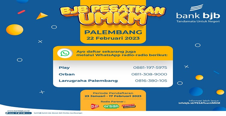Guna mendukung kemajuan UMKM di tanah air, bank bjb kembali hadir menyelenggarakan workshop dan edukasi pengembangan bisnis, yakni bjb PESATkan UMKM. Tak hanya di Jawa Barat, kali ini bjb PESATkan UMKM juga hadir di luar Jawa Barat, salah satunya Palembang. Dalam acara tersebut, para peserta akan disuguhkan materi edukasi mengenai cara mengelola usaha mikro hingga terus berkembang dan menghasilkan serta untuk meningkatkan daya saing bisnis. Talkshow tersebut akan berfokus membahas permasalahan yang lazim dijumpai pelaku bisnis UMKM di daerah. Mulai dari permodalan, pembiayaan hingga pemasaran.