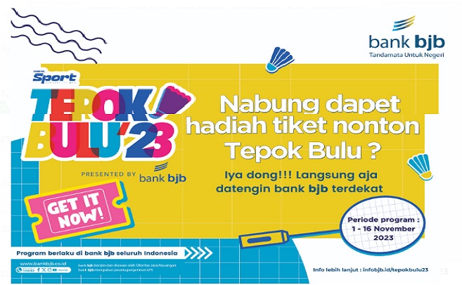 bank bjb mendukung penuh gelaran Vindes Sport - Tepok Bulu 2023 yang diselenggarakan Vindes Media pada 17 November 2023 di Istora Gelora Bung Karno. Tahun lalu, berbagai artis ternama turut meramaikan, mulai dari Raisa, Anya Geraldine, Hesti Purwadinata, hingga Taufik Hidayat serta Desta Mahendra sebagai komentator. Pada tahun ini, tiket pre-sale Tepok Bulu 2023 habis dalam hitungan menit. Nah, supaya tak kehabisan tiket dan harus war tiket, ada cara paling mudah, nih. bank bjb, memberikan promo yaitu cukup menabung di bank bjb, sudah otomatis dapat tiket Tepok Bulu 2023 sesuai dengan ketentuan program bundling tiket yang berlaku.