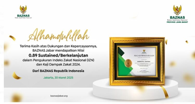 Badan Amil Zakat Nasional (BAZNAS) Provinsi Jawa Barat berhasil meningkatkan dan meraih nilai tinggi dalam Pengukuran Indeks Zakat Nasional dan Kaji Dampak Zakat Tahun 2024. BAZNAS Jabar berhasil meraih skor 0,89 meningkat dari tahun sebelumnya yang meraih 0,59. Hal ini yang menjadikannya salah satu provinsi dengan capaian tertinggi secara nasional. Dengan nilai tersebut, BAZNAS Jabar masuk dalam kategori sustained (berkelanjutan)—sebuah pengakuan atas konsistensi dan dampak nyata zakat di wilayah Provinsi Jawa Barat.