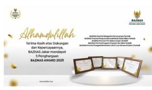 Badan Amil Zakat Nasional (BAZNAS) Provinsi Jawa Barat kembali menorehkan prestasi membanggakan di tingkat nasional. Pada ajang BAZNAS Award 2025, BAZNAS Jabar berhasil meraih lima penghargaan bergengsi sekaligus. Acara penganugerahan digelar di Hotel Mercure Ancol, Jakarta, dan dihadiri pejabat kementerian dan pimpinan BAZNAS dari berbagai daerah, pada Kamis, 28 Agustus 2025.