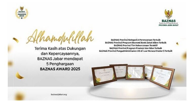 Badan Amil Zakat Nasional (BAZNAS) Provinsi Jawa Barat kembali menorehkan prestasi membanggakan di tingkat nasional. Pada ajang BAZNAS Award 2025, BAZNAS Jabar berhasil meraih lima penghargaan bergengsi sekaligus. Acara penganugerahan digelar di Hotel Mercure Ancol, Jakarta, dan dihadiri pejabat kementerian dan pimpinan BAZNAS dari berbagai daerah, pada Kamis, 28 Agustus 2025.